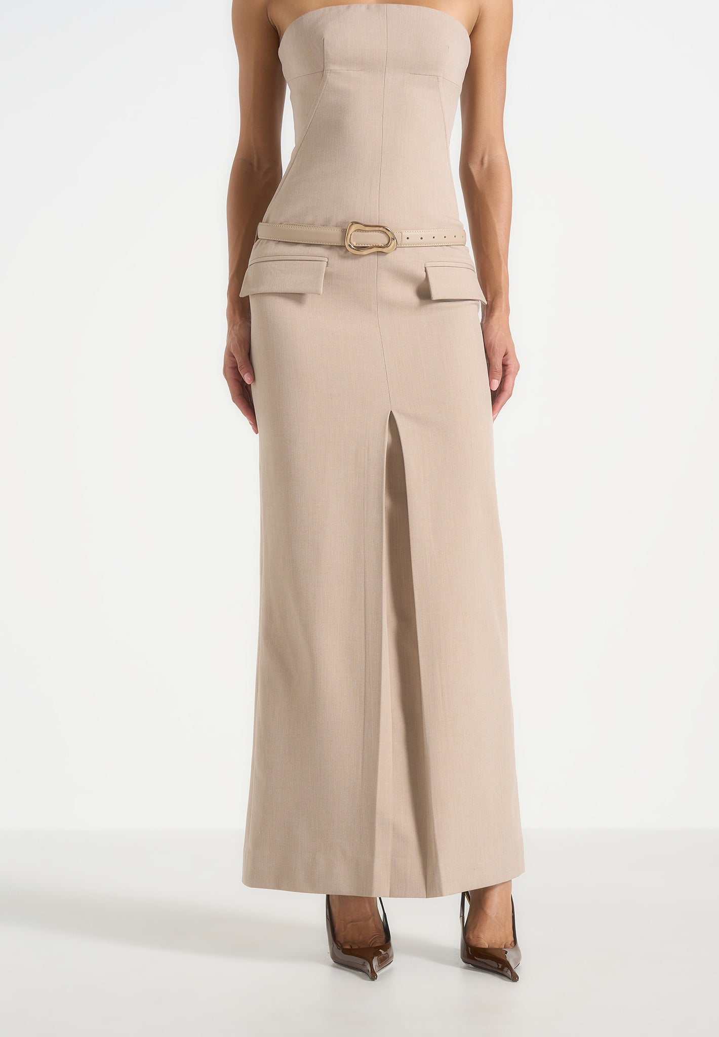 Tabitha - Tailored Bandeau Belted Maxi Dress - Beige