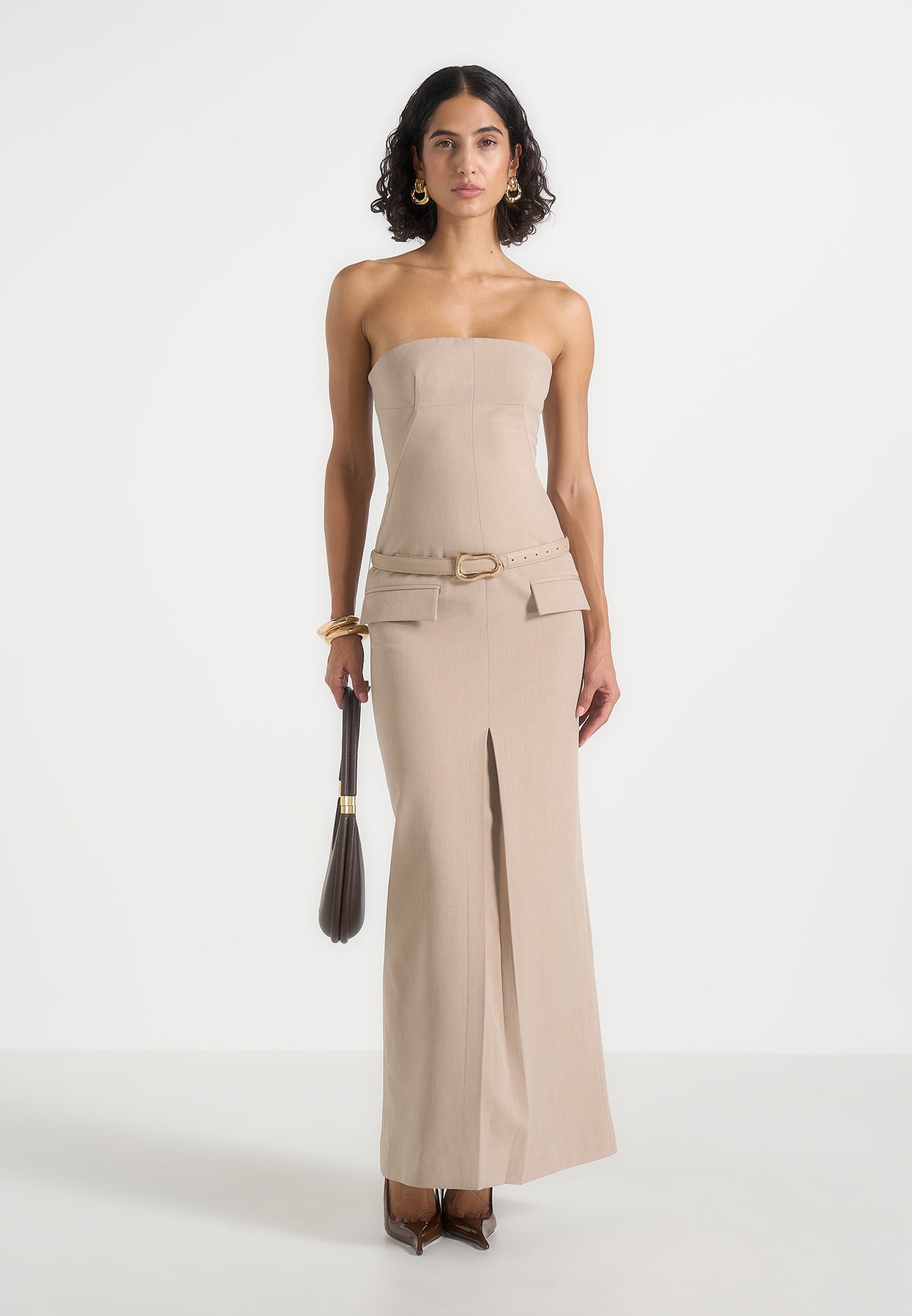 Tabitha - Tailored Bandeau Belted Maxi Dress - Beige 