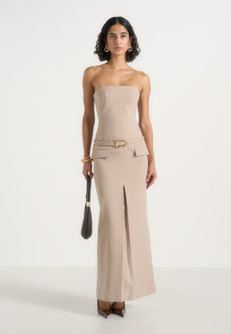 Tabitha - Tailored Bandeau Belted Maxi Dress - Beige