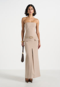 Tabitha - Tailored Bandeau Belted Maxi Dress - Beige