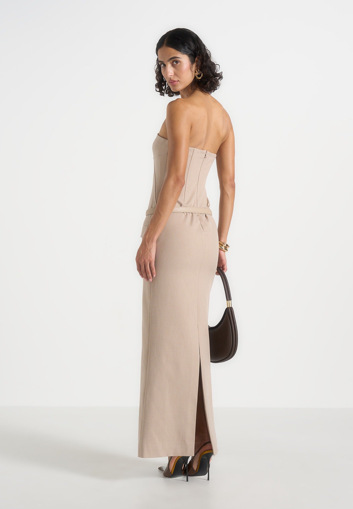 Tabitha - Tailored Bandeau Belted Maxi Dress - Beige