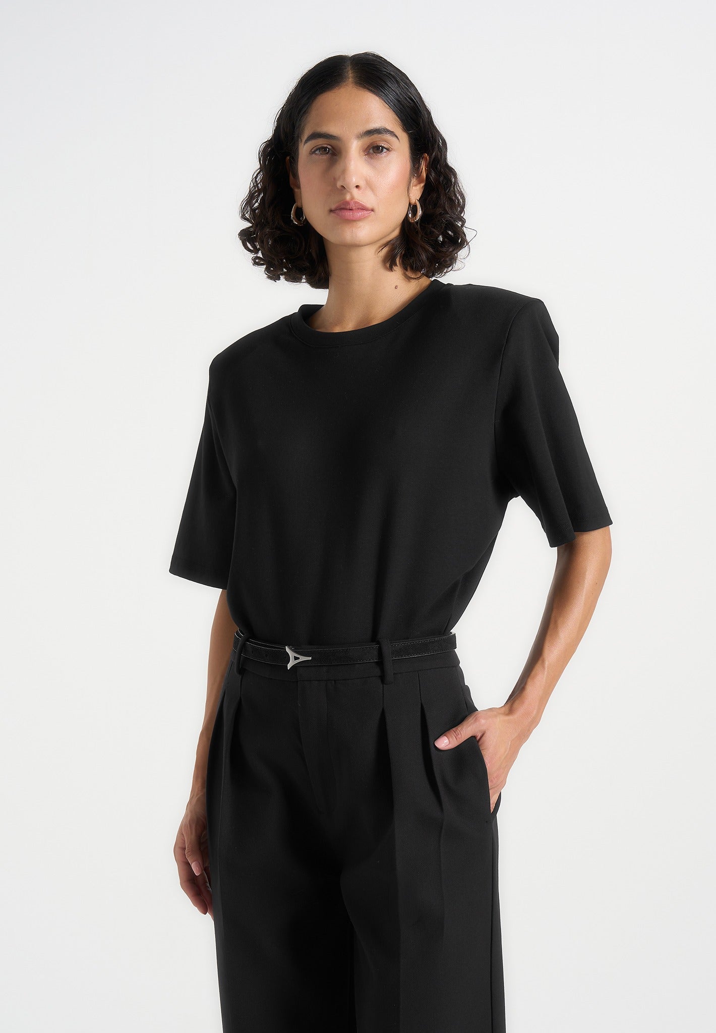 BS002 - Wide Shoulder Bodysuit T-Shirt - Black 