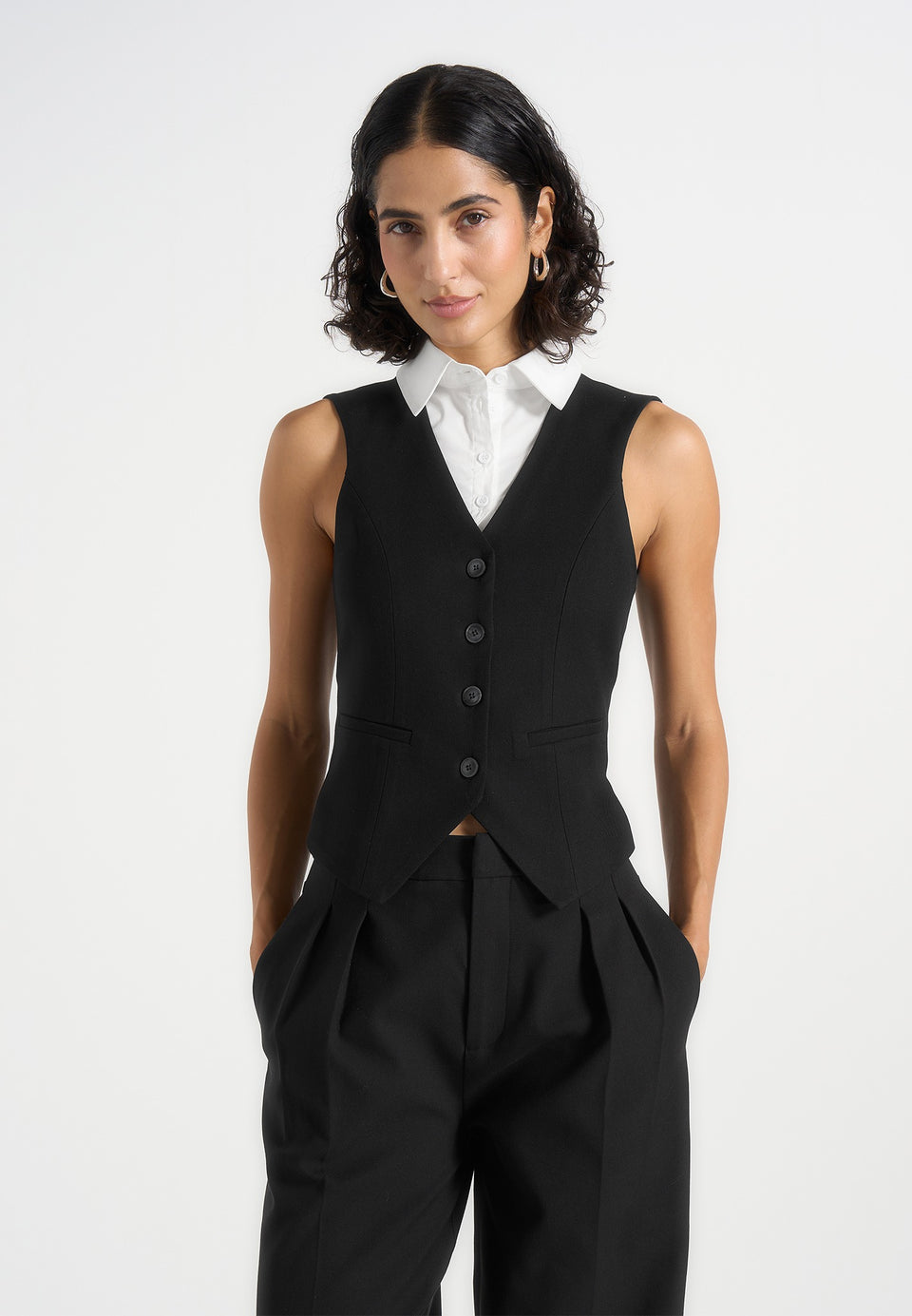 Irene - Collar Detail Cinched Waistcoat - Black/White