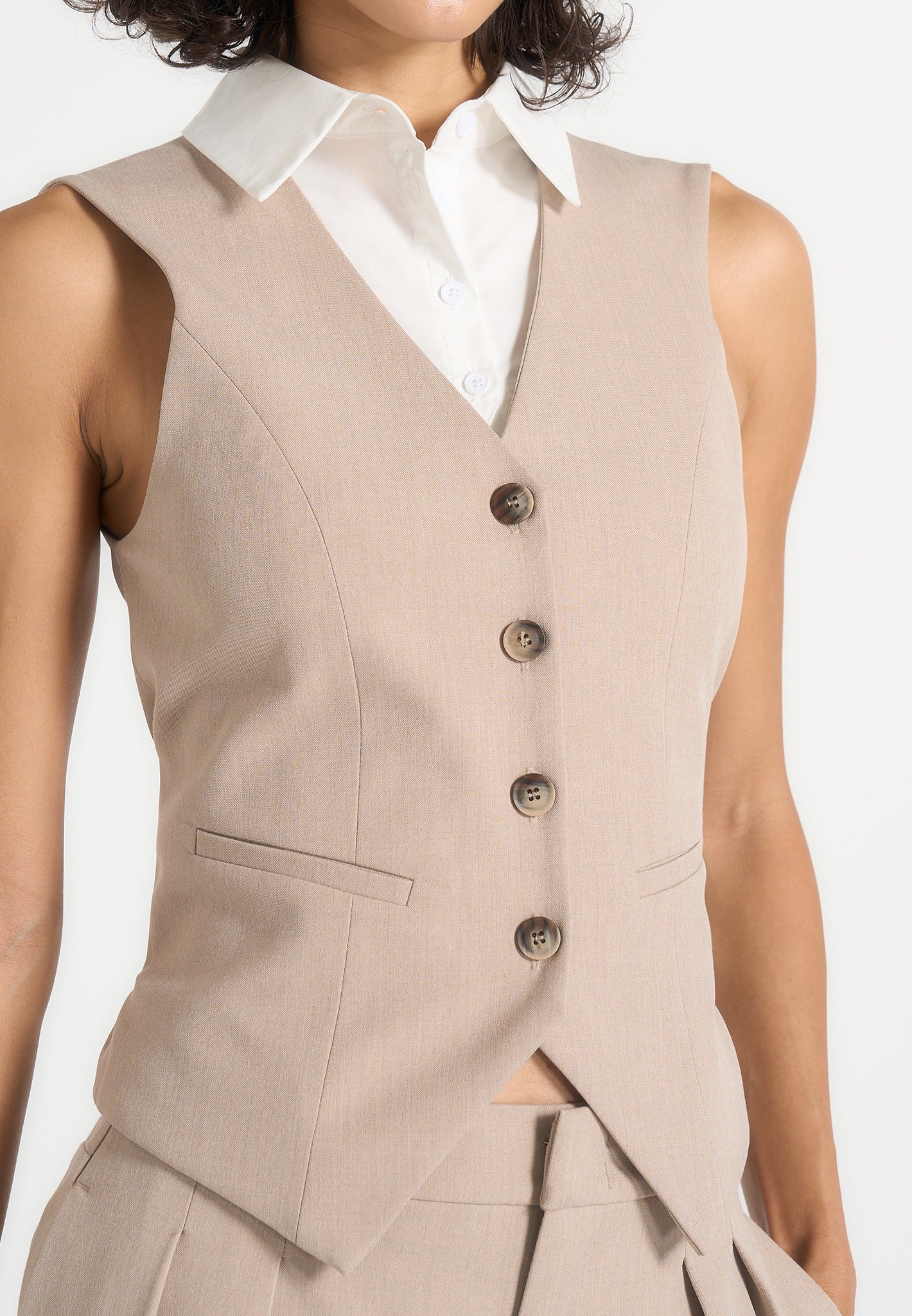 Irene - Collar Detail Cinched Waistcoat - Beige/White
