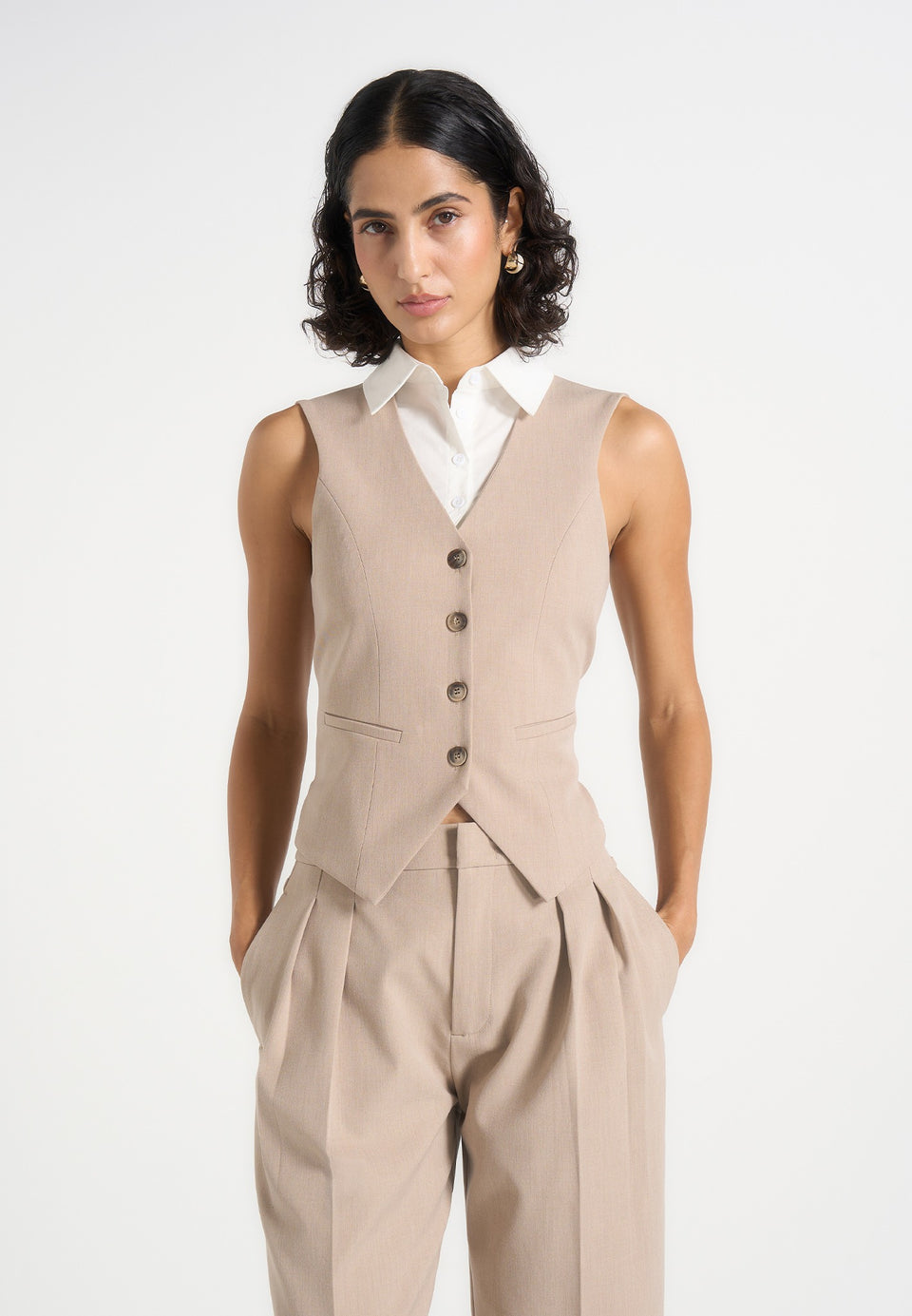 Irene - Collar Detail Cinched Waistcoat - Beige/White