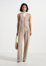 Irene - Collar Detail Cinched Waistcoat - Beige/White