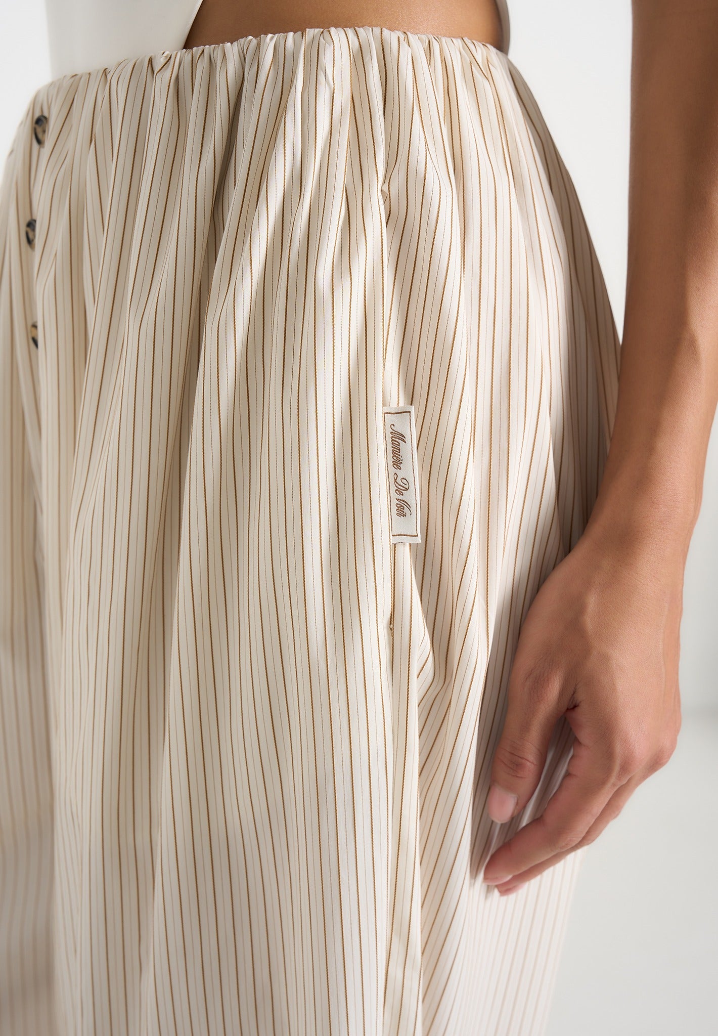 Ivanna - Elasticated Wide Leg Striped Cotton Trousers - Cream