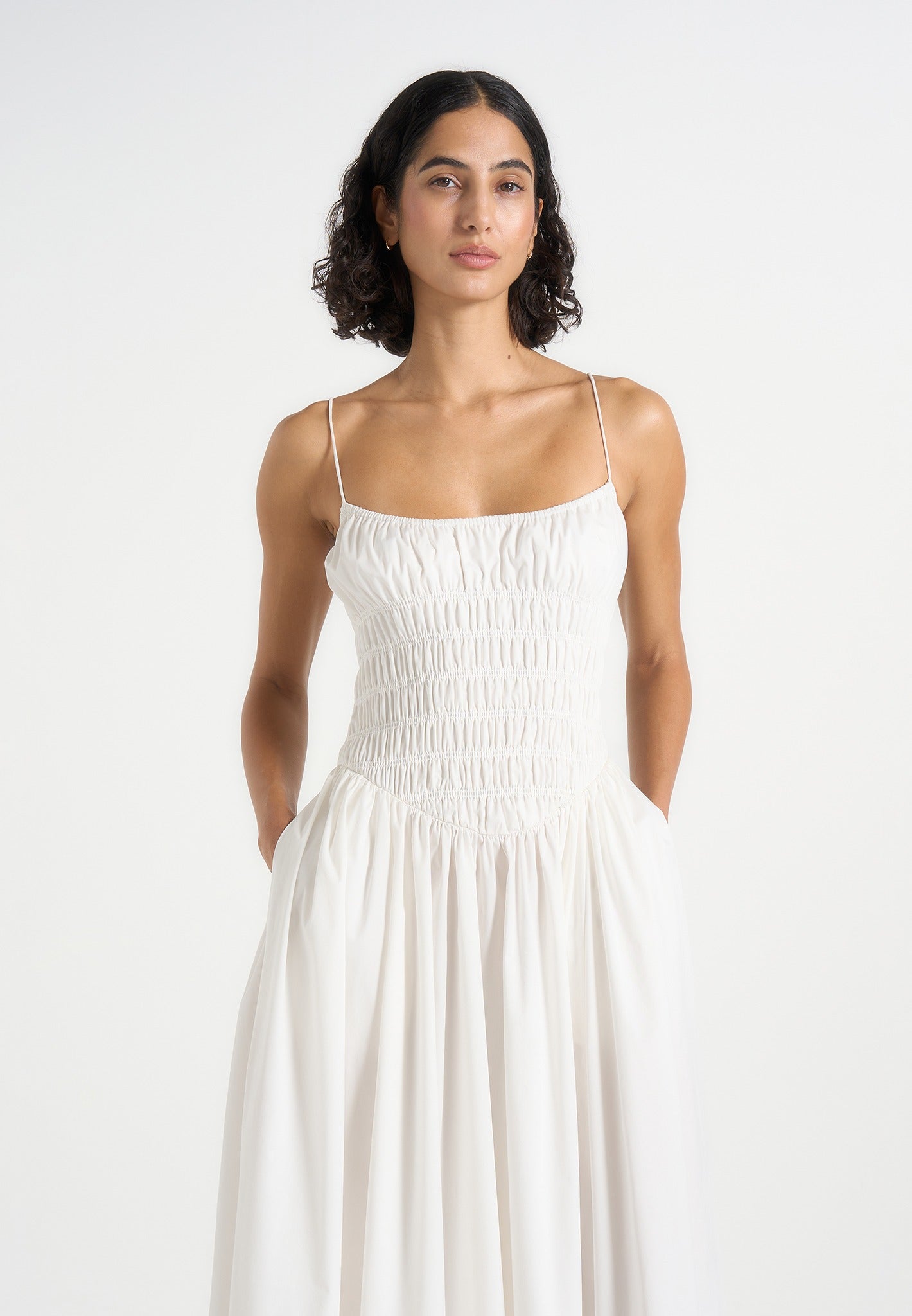 Elva - Smocked Waist Cotton Maxi Dress - White