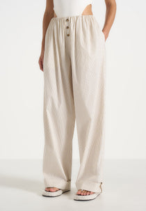 Ivanna - Elasticated Wide Leg Striped Cotton Trousers - Cream