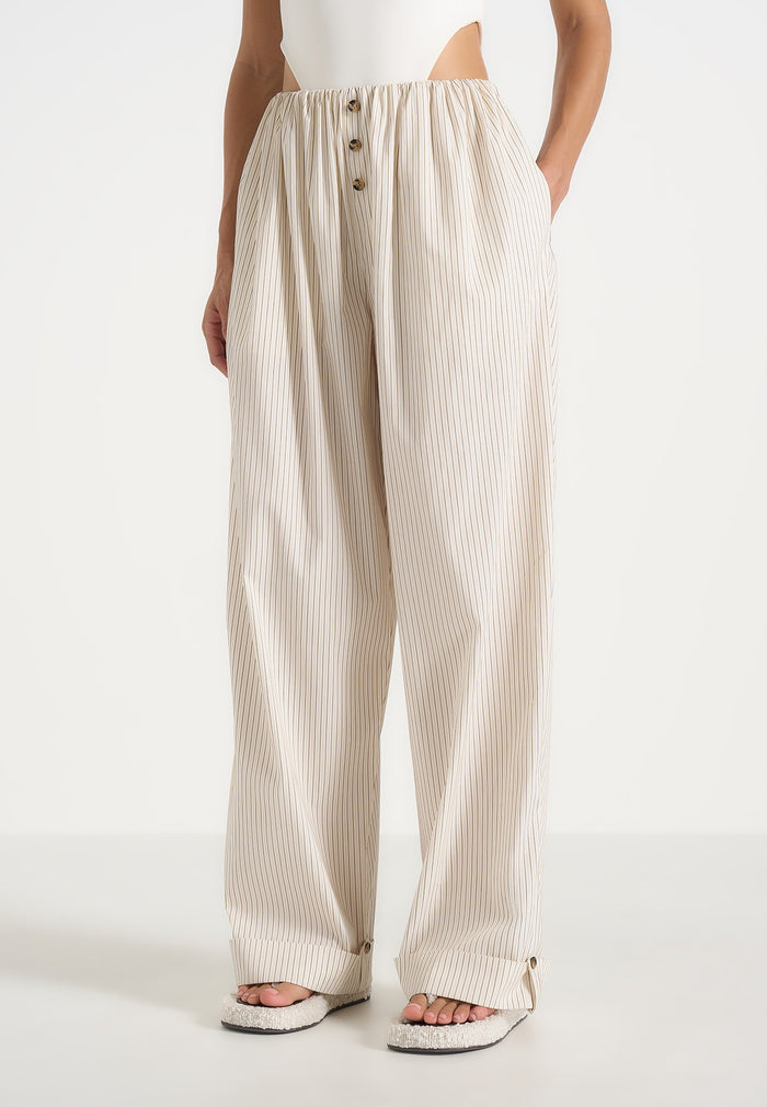 Ivanna - Elasticated Wide Leg Striped Cotton Trousers - Cream