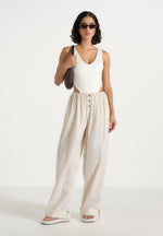 Ivanna - Elasticated Wide Leg Striped Cotton Trousers - Cream