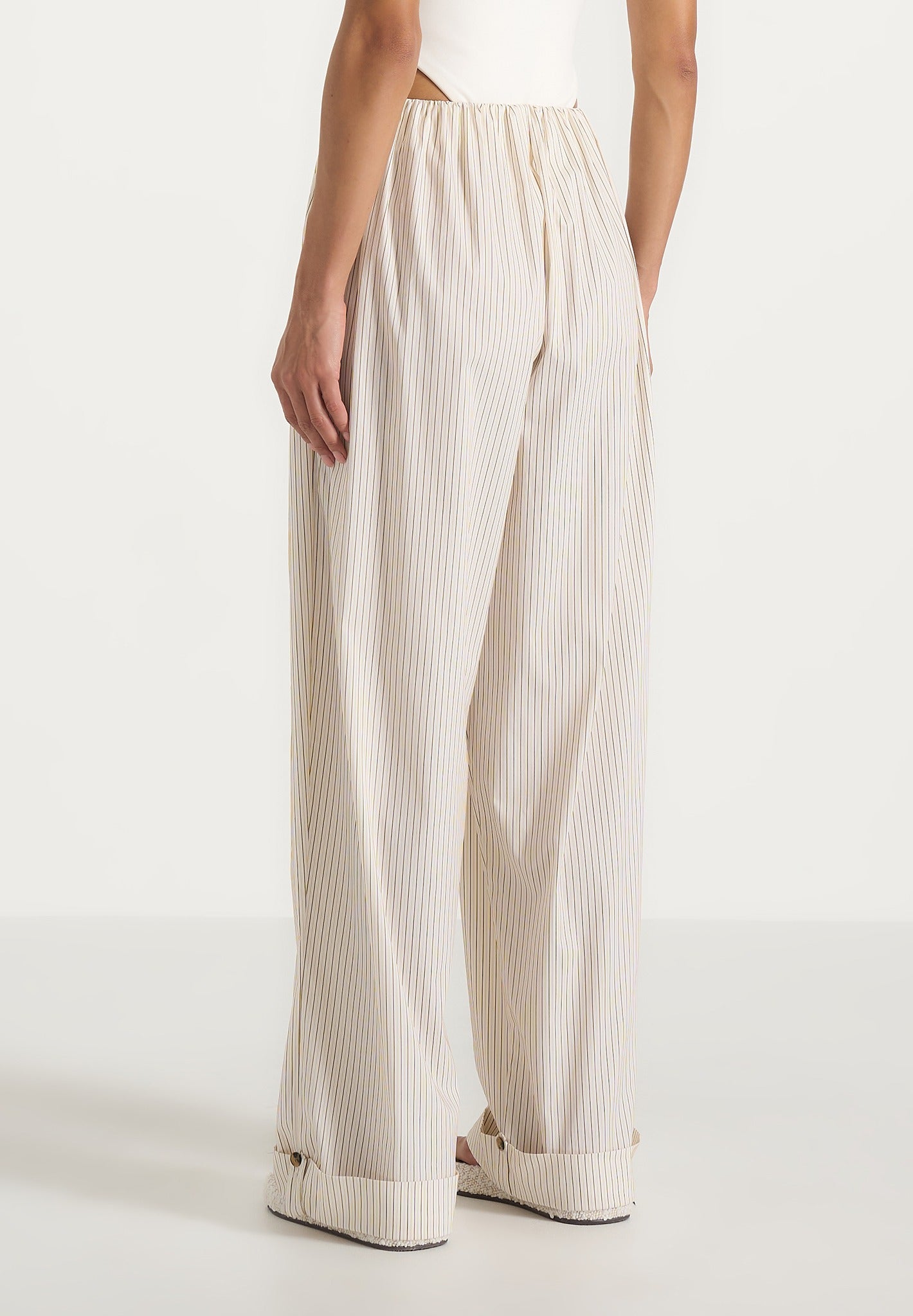 Ivanna - Elasticated Wide Leg Striped Cotton Trousers - Cream