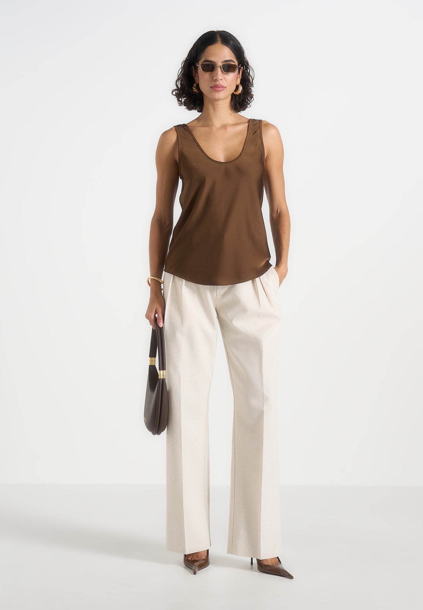 Mathilda - Satin Scoop Neck Open Back Vest - Brown