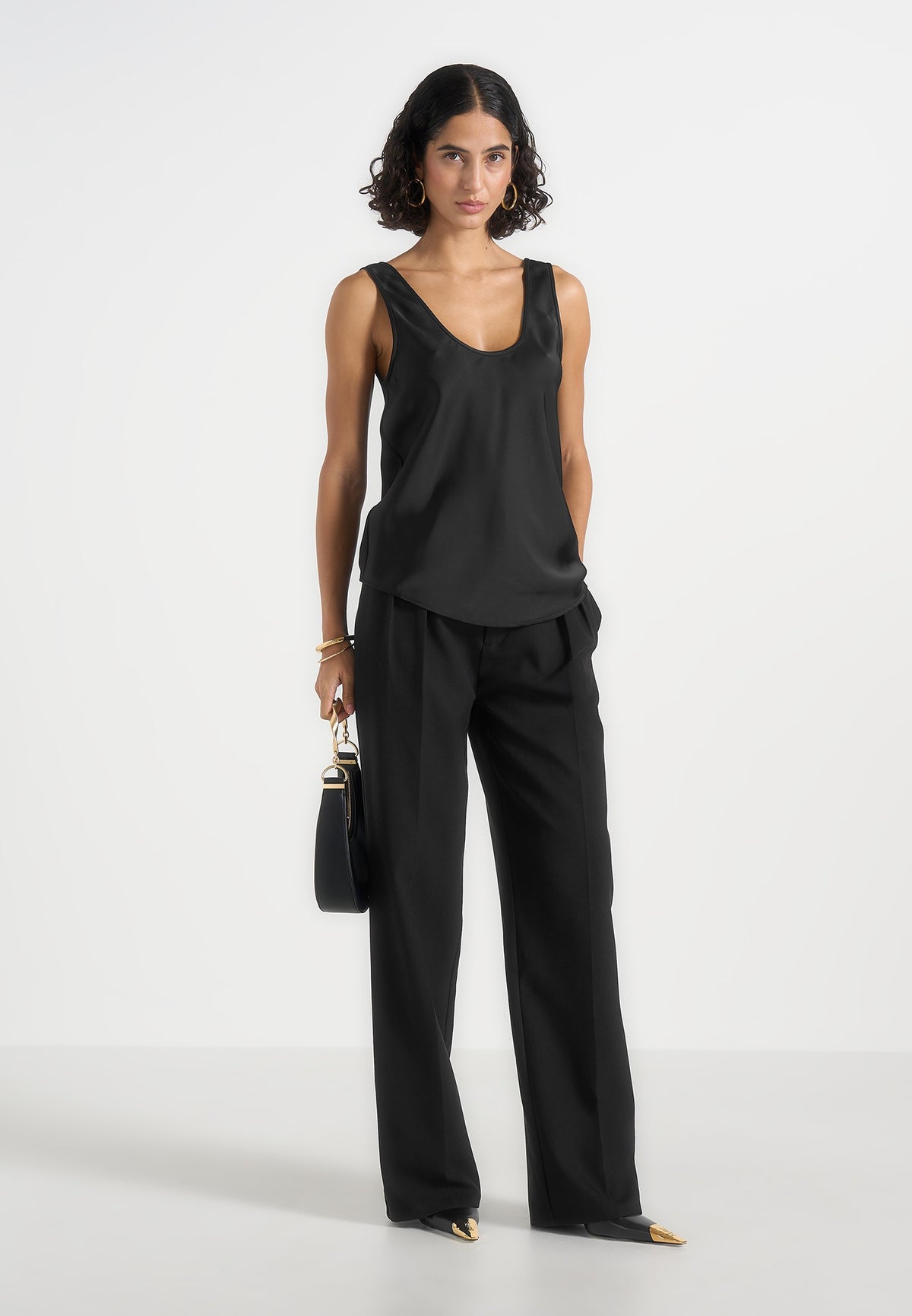 Mathilda - Satin Scoop Neck Open Back Vest - Black