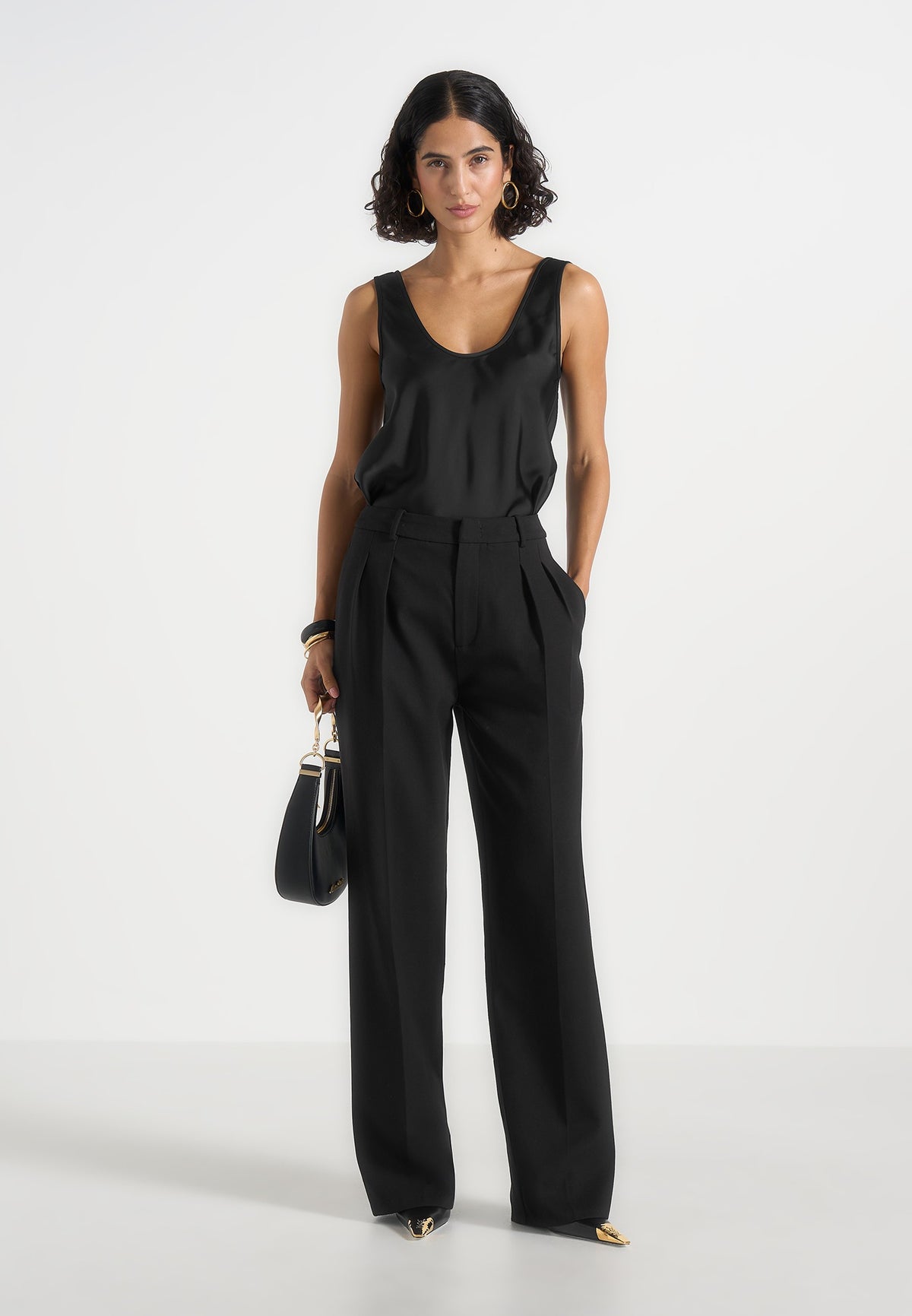 Mathilda - Satin Scoop Neck Open Back Vest - Black