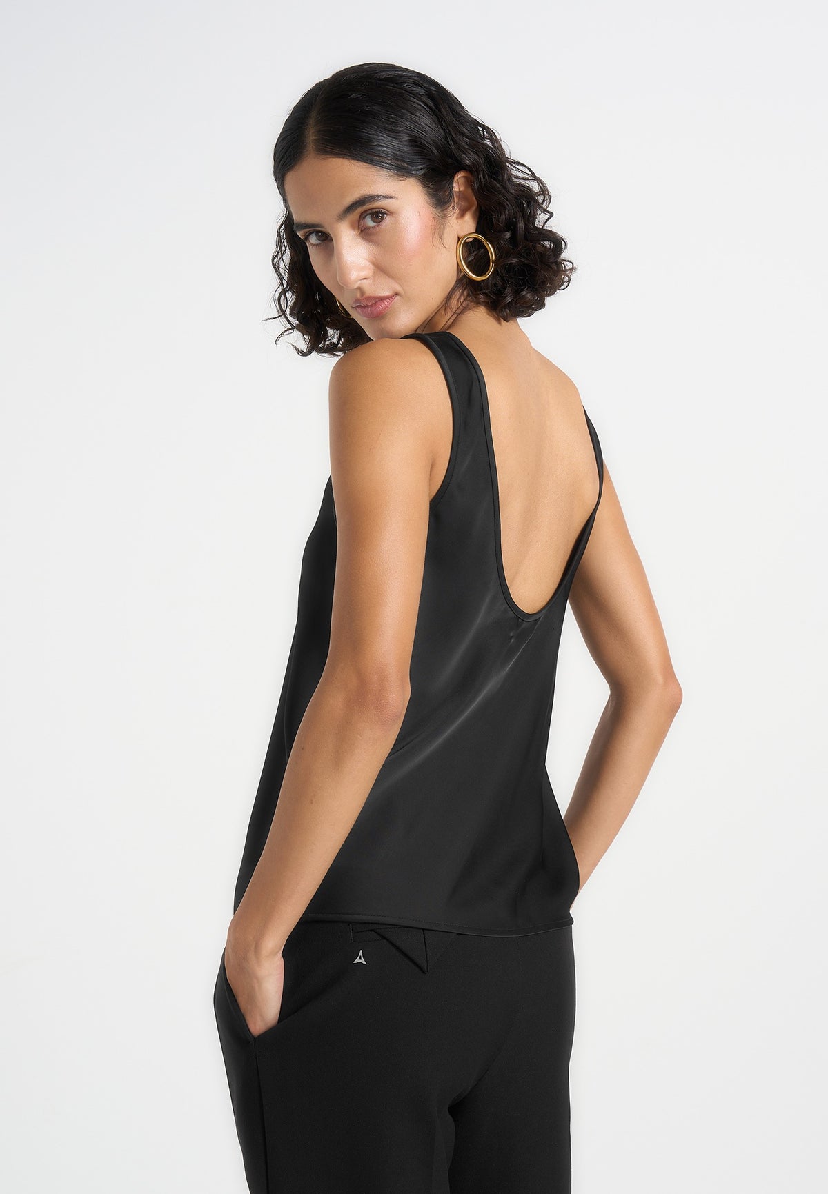 Mathilda - Satin Scoop Neck Open Back Vest - Black