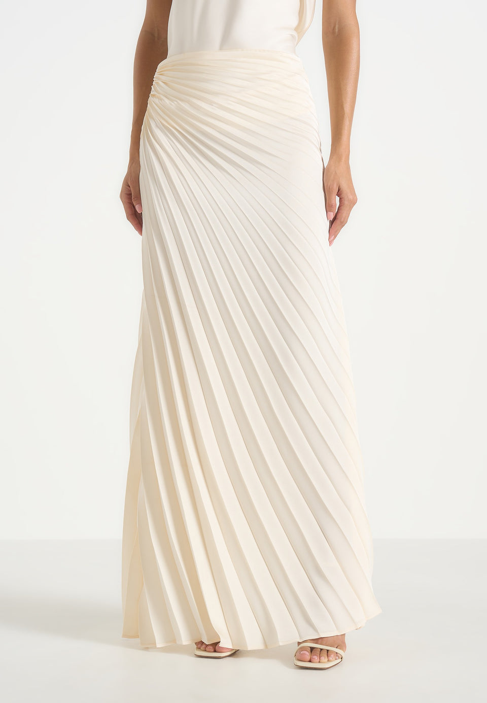Fiona - Satin Fan Pleat Maxi Skirt - Ivory