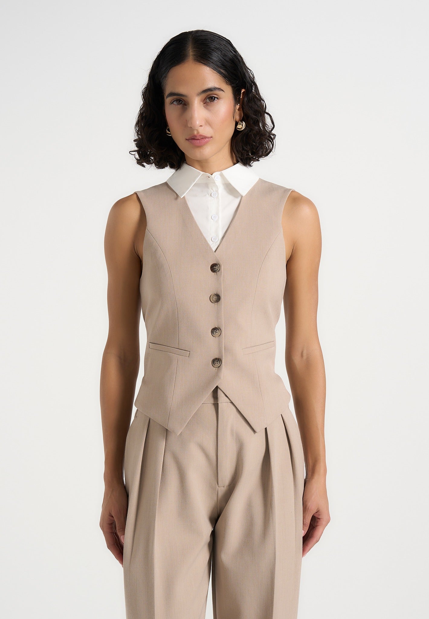 Irene - Collar Detail Cinched Waistcoat - Beige/White