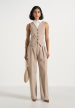 Irene - Collar Detail Cinched Waistcoat - Beige/White