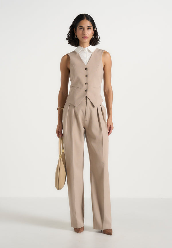 Irene - Collar Detail Cinched Waistcoat - Beige/White
