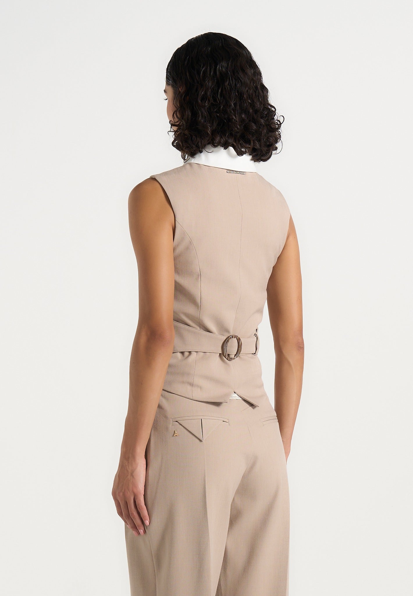 Irene - Collar Detail Cinched Waistcoat - Beige/White