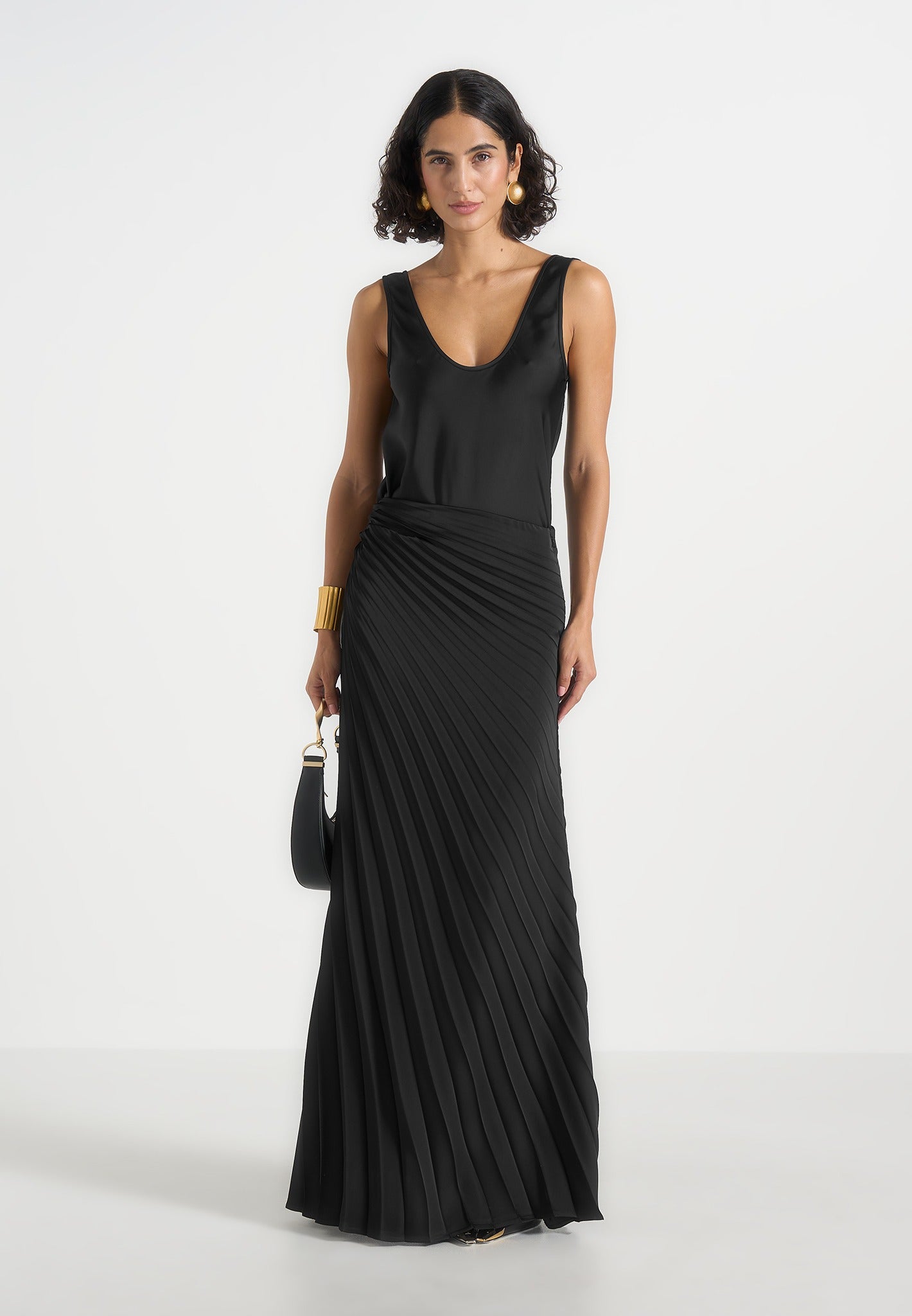 Fiona - Satin Fan Pleat Maxi Skirt - Black 