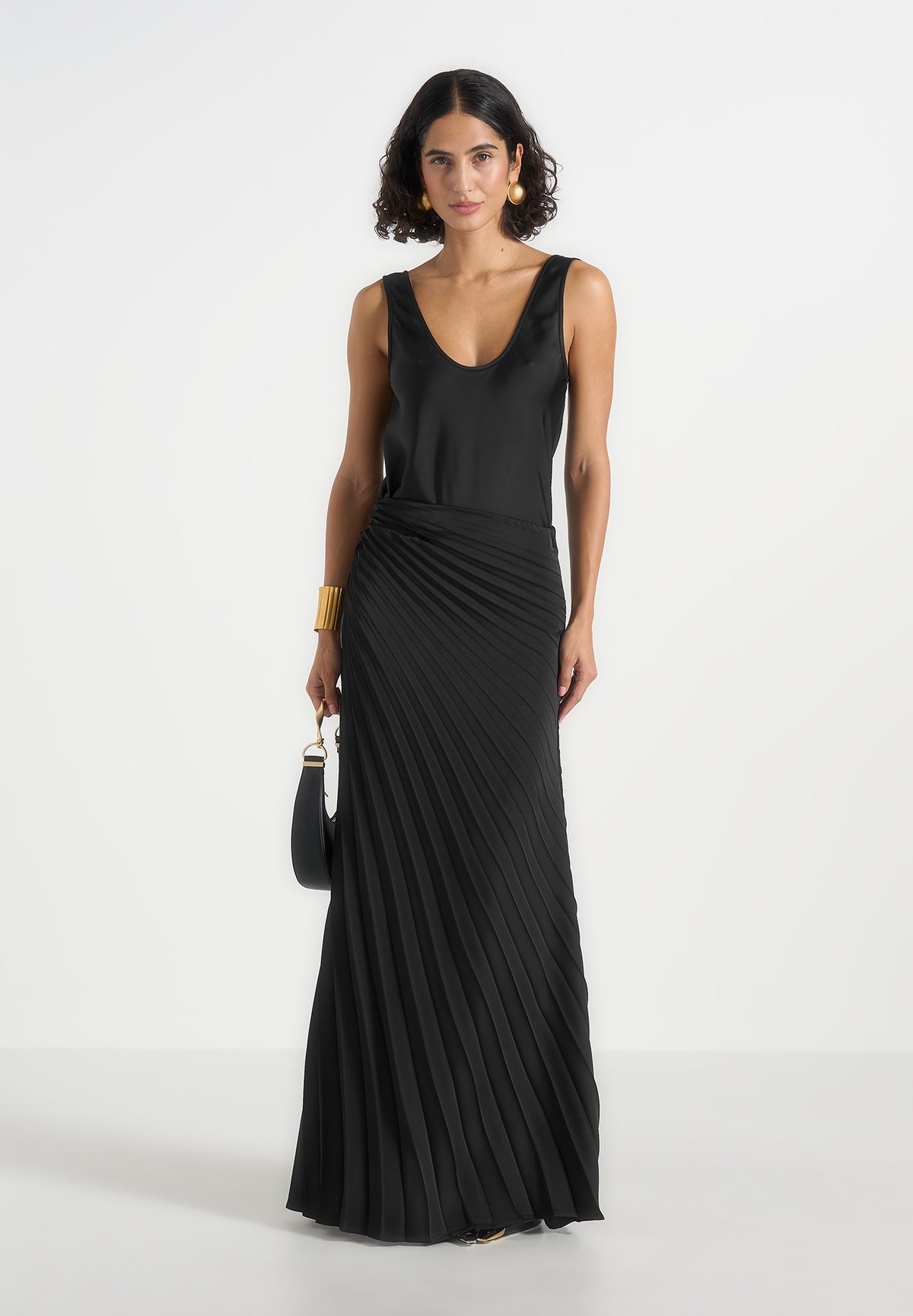 Fiona - Satin Fan Pleat Maxi Skirt - Black
