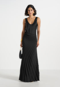 Fiona - Satin Fan Pleat Maxi Skirt - Black