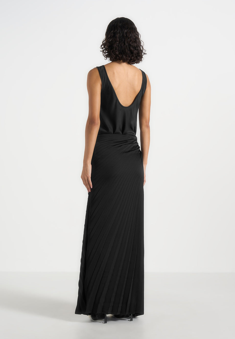 Fiona - Satin Fan Pleat Maxi Skirt - Black