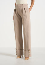 Darlene - Turn Up Detail Tailored Twin Pleat Trousers - Beige