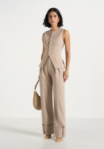 Darlene - Turn Up Detail Tailored Twin Pleat Trousers - Beige