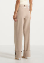 Darlene - Turn Up Detail Tailored Twin Pleat Trousers - Beige