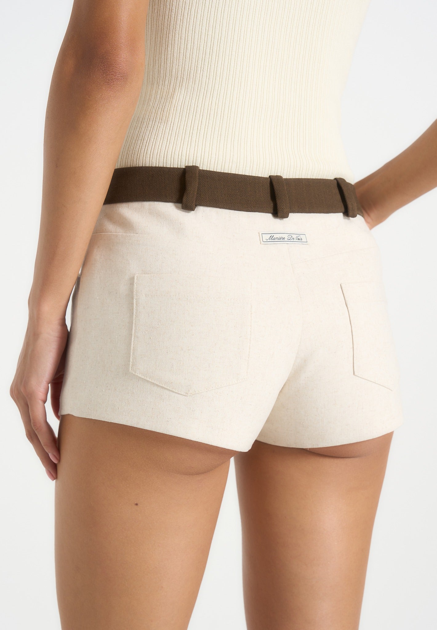 Verity - Contrast Waist Linen Mini Shorts - Natural
