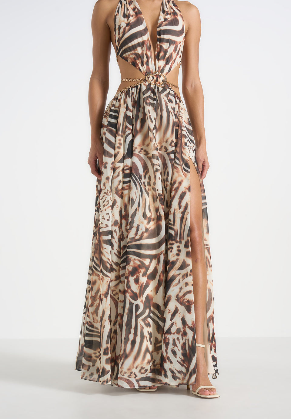 June - Chain Belt Cut-Out Georgette Halter Maxi Dress - Animal