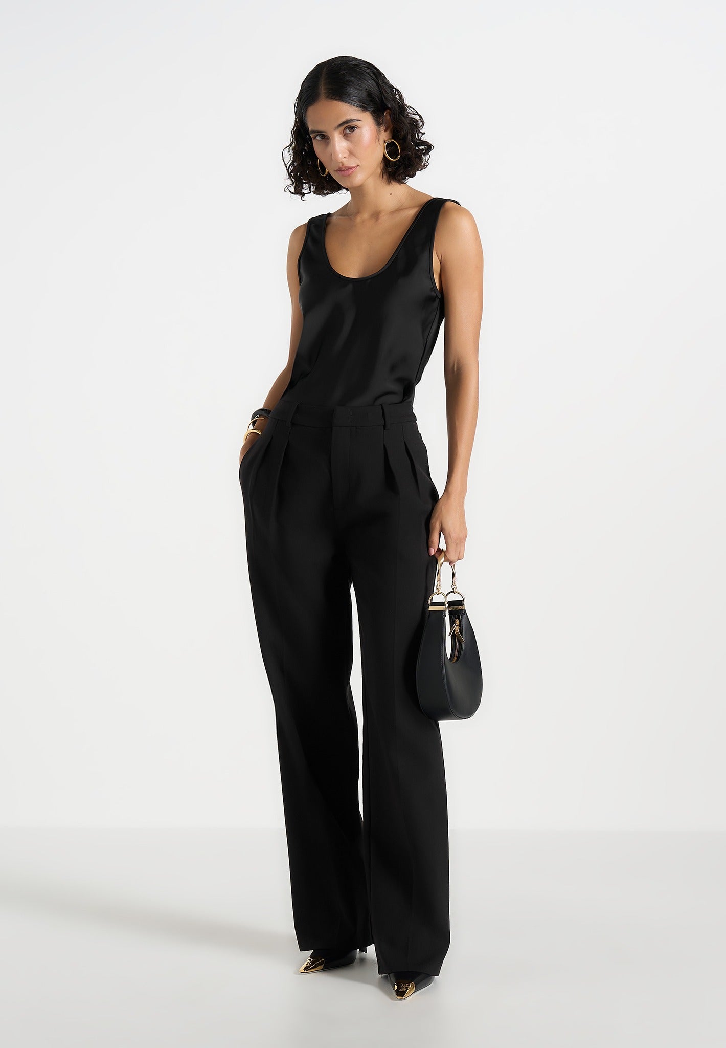 Mathilda - Satin Scoop Neck Open Back Vest - Black