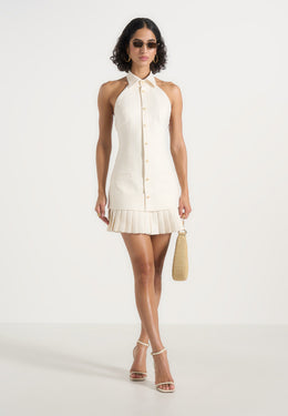 Jasmine - Halter Neck Pleated Mini Dress - Cream