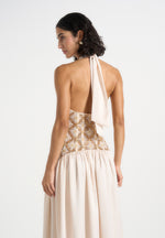 Ava - Halterneck Embellished Corset Gathered Maxi Dress - Cream
