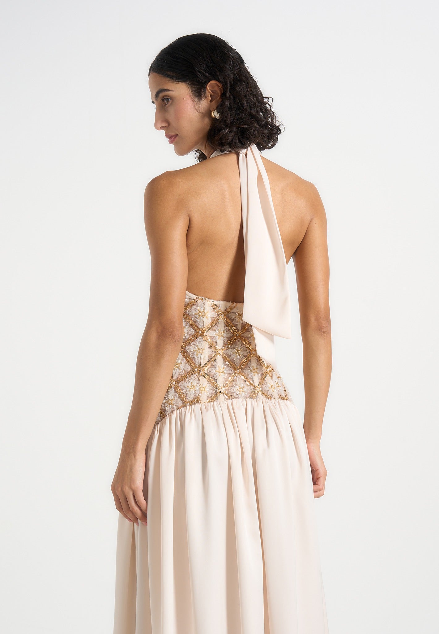 Ava - Halterneck Embellished Corset Gathered Maxi Dress - Cream