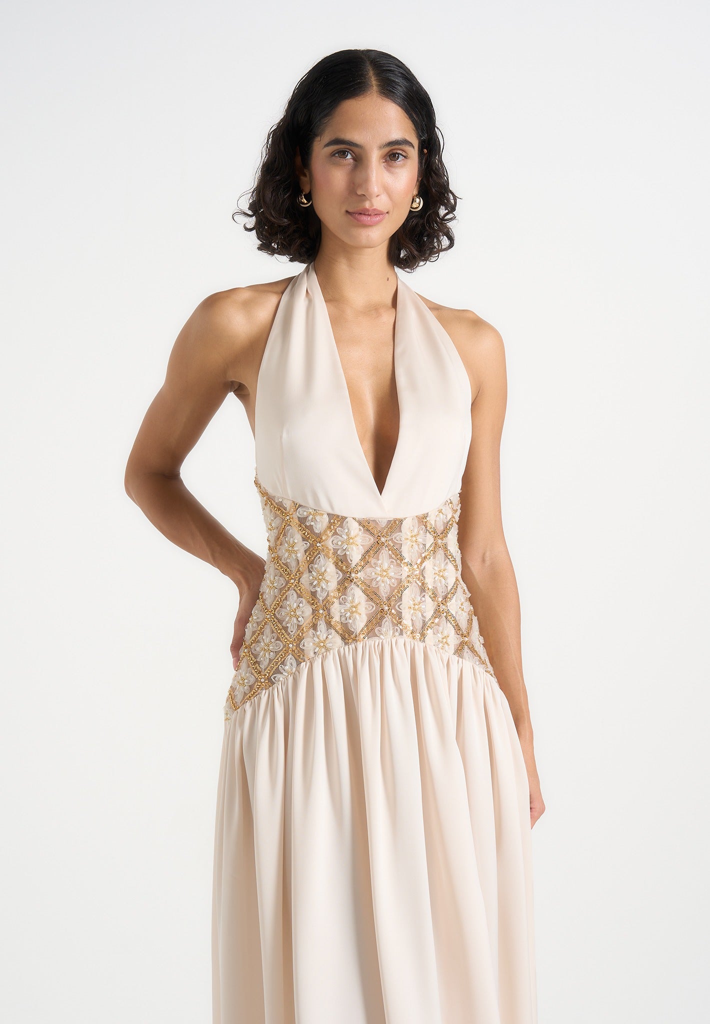 Ava - Halterneck Embellished Corset Gathered Maxi Dress - Cream