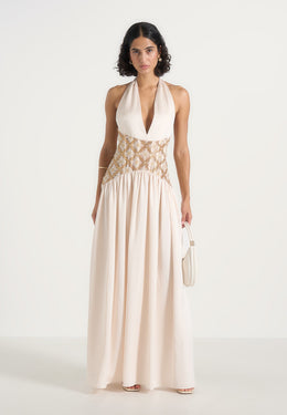 Ava - Halter Neck Embellished Corset Gathered Maxi Dress - Cream