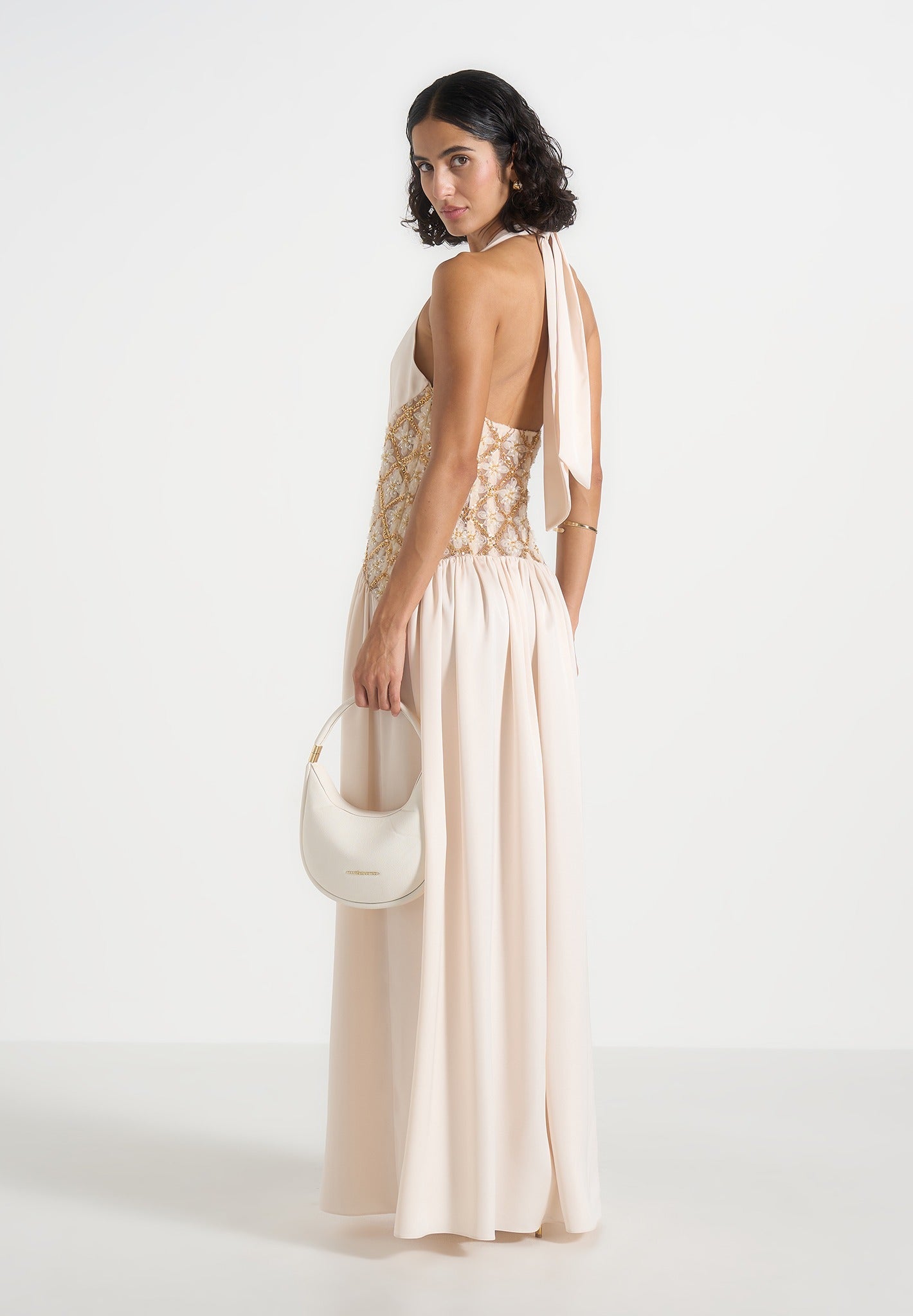 Ava - Halterneck Embellished Corset Gathered Maxi Dress - Cream