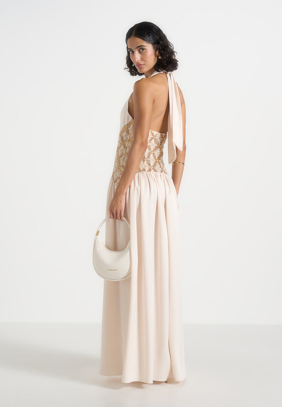 Ava - Halterneck Embellished Corset Gathered Maxi Dress - Cream