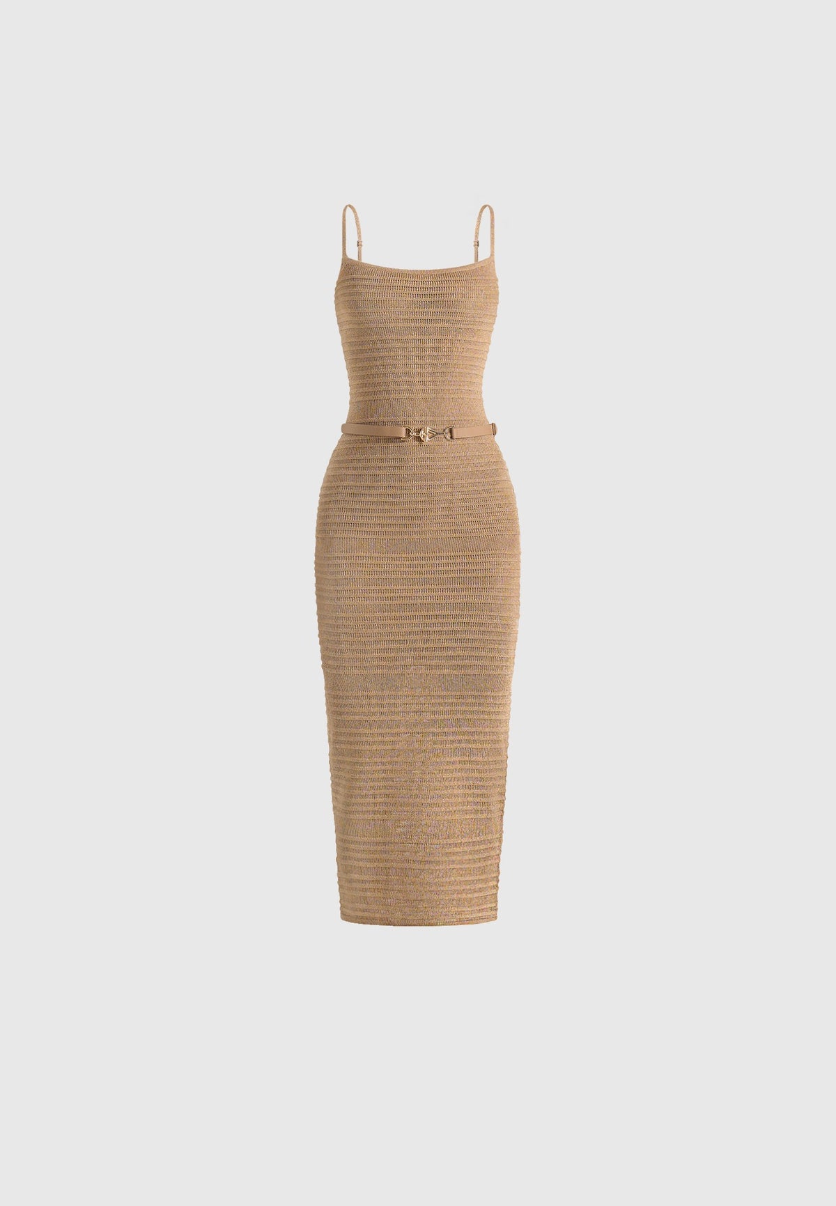 Danika - Metallic Rib Knit Belted Midi Dress - Gold