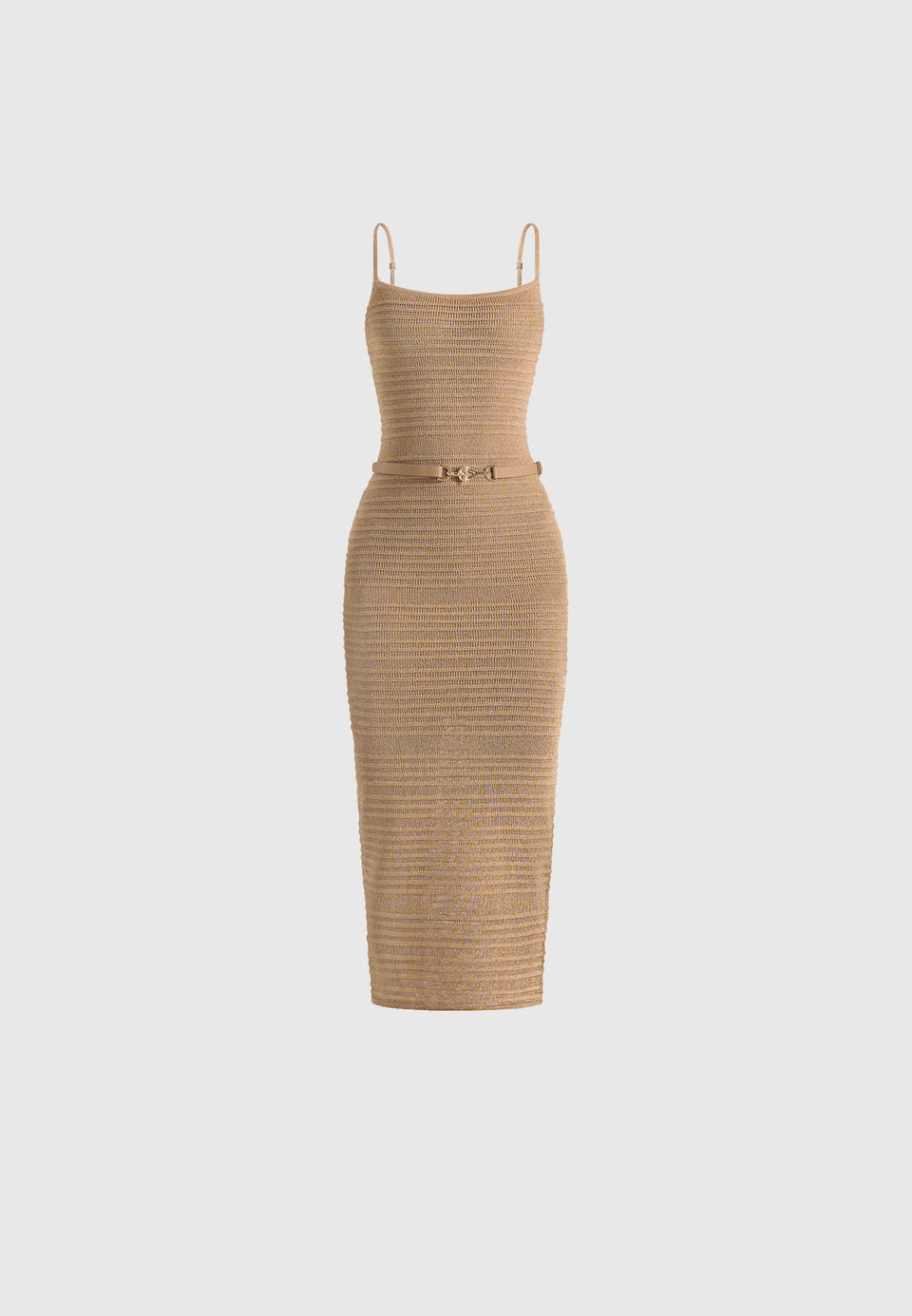 Danika - Metallic Rib Knit Belted Midi Dress - Gold