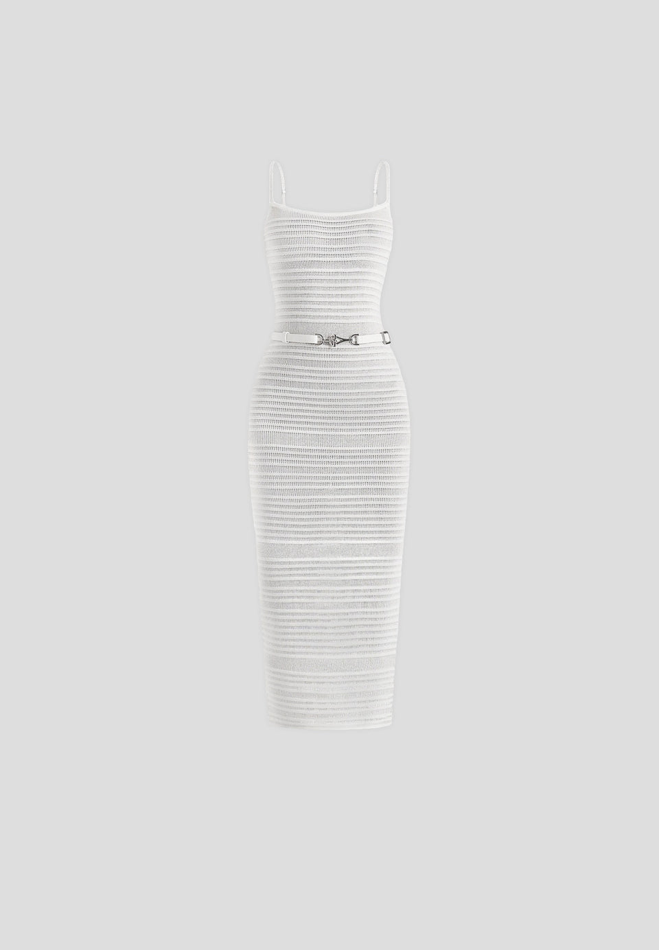 Danika - Metallic Knit Belted Midi Dress - White