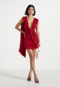 Mirena - Ruched Open Back Mini Dress With Scarf - Red