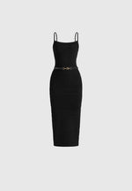 Danika - Metallic Rib Knit Belted Midi Dress - Black
