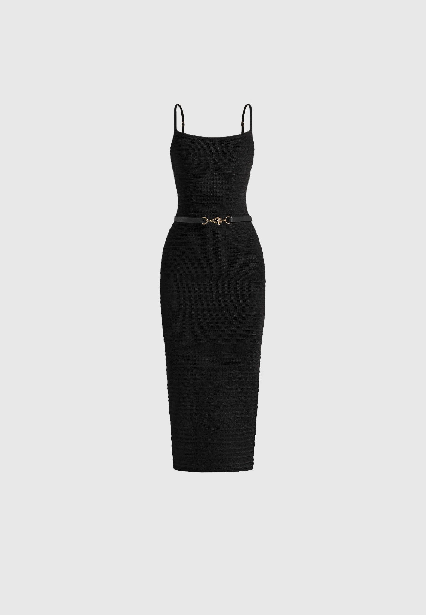 Danika - Metallic Rib Knit Belted Midi Dress - Black