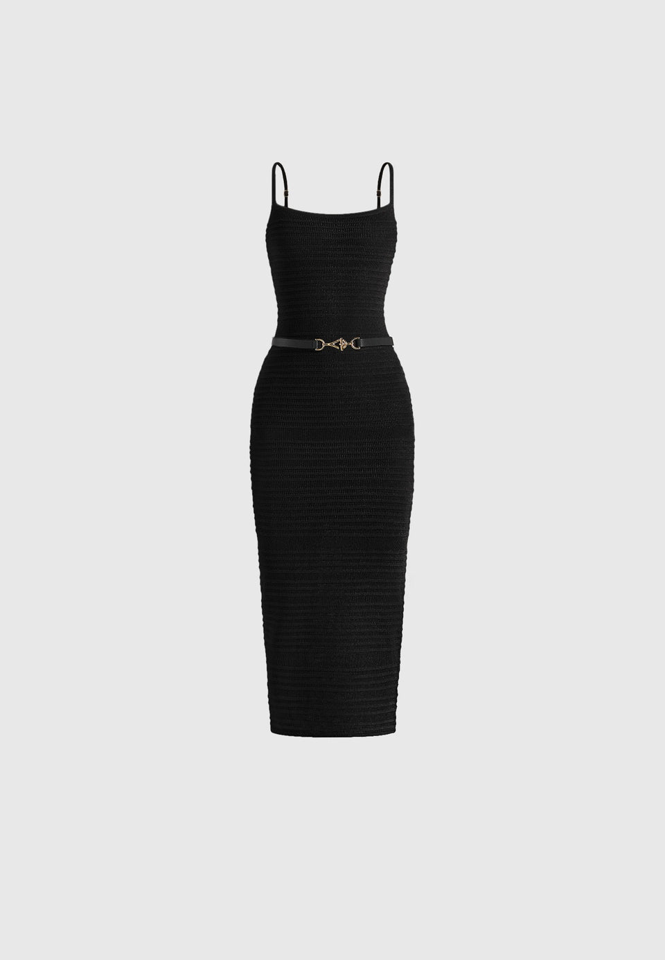 Danika - Metallic Rib Knit Belted Midi Dress - Black