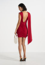 Mirena - Ruched Open Back Mini Dress With Scarf - Red